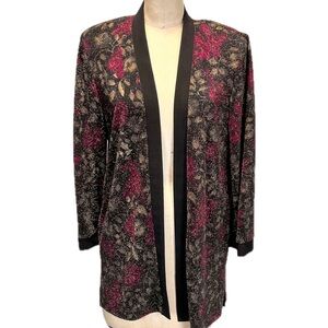 VINTAGE sparkly rose floral cardigan open front‎ jacket long length fancy party